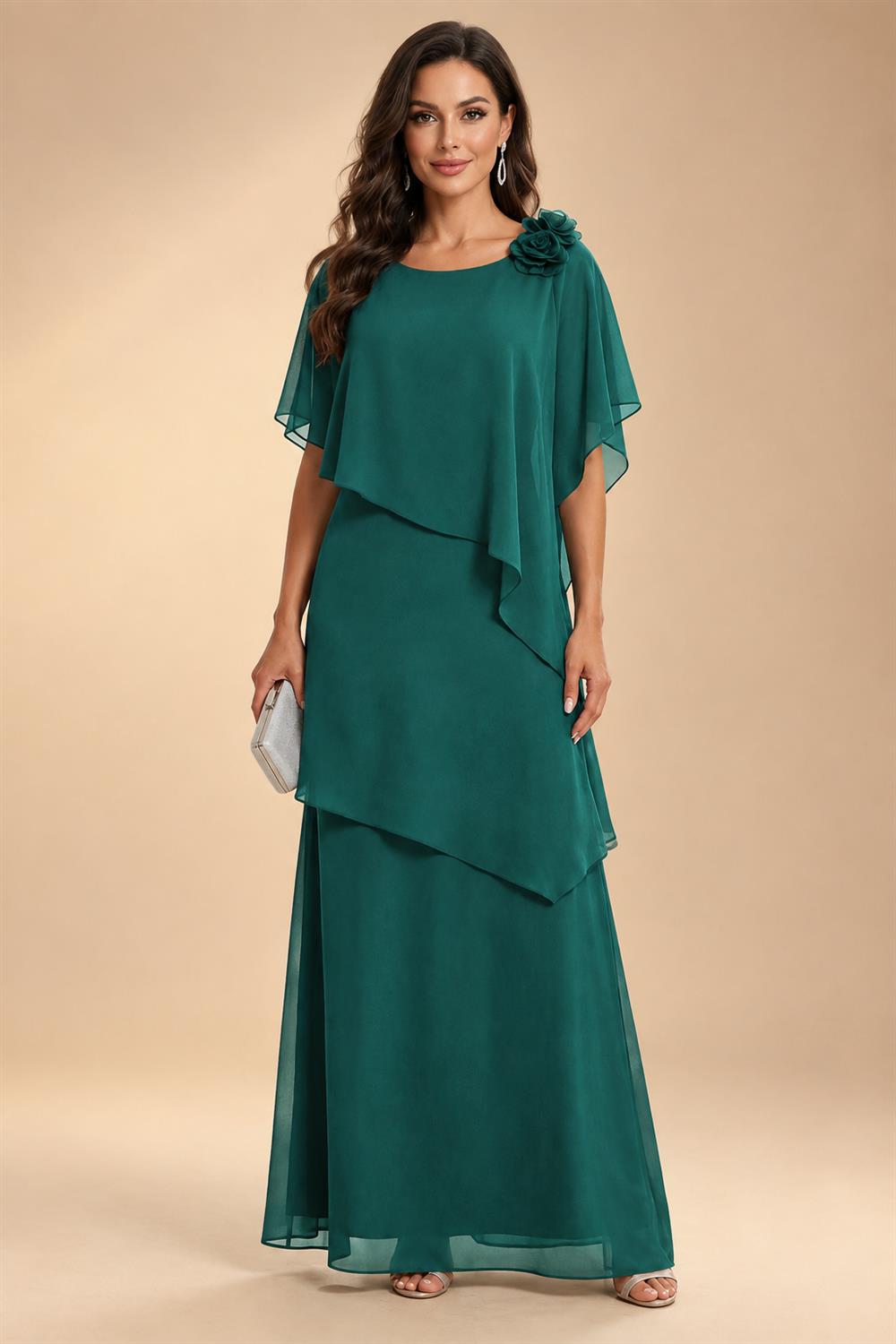 A-Line Floor-Length Chiffon Cape Sleeves Mother of the Bride & Groom Dresses with Tiered Ruffles (SHI22500723)