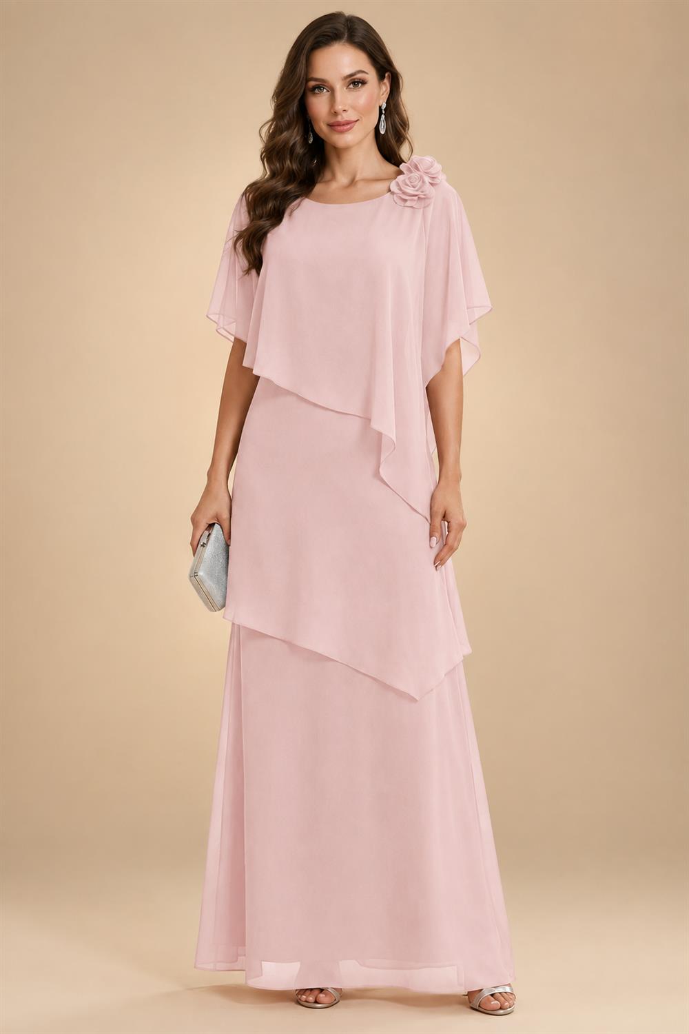 A-Line Floor-Length Chiffon Cape Sleeves Mother of the Bride & Groom Dresses with Tiered Ruffles (SHI22500723)
