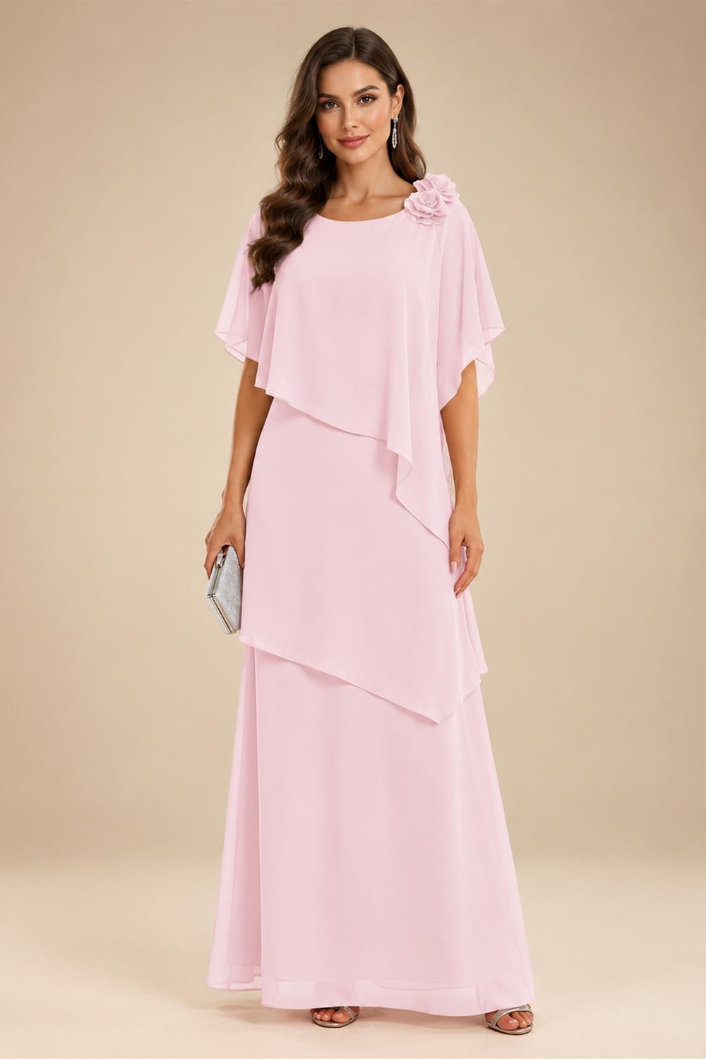 A-Line Floor-Length Chiffon Cape Sleeves Mother of the Bride & Groom Dresses with Tiered Ruffles (SHI22500723)