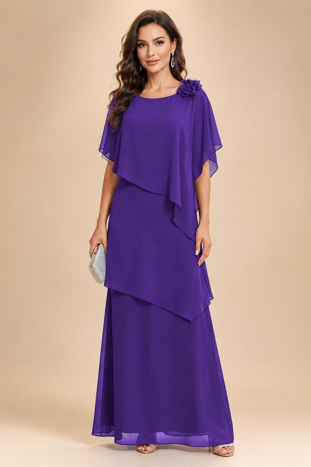 A-Line Floor-Length Chiffon Cape Sleeves Mother of the Bride & Groom Dresses with Tiered Ruffles (SHI22500723)