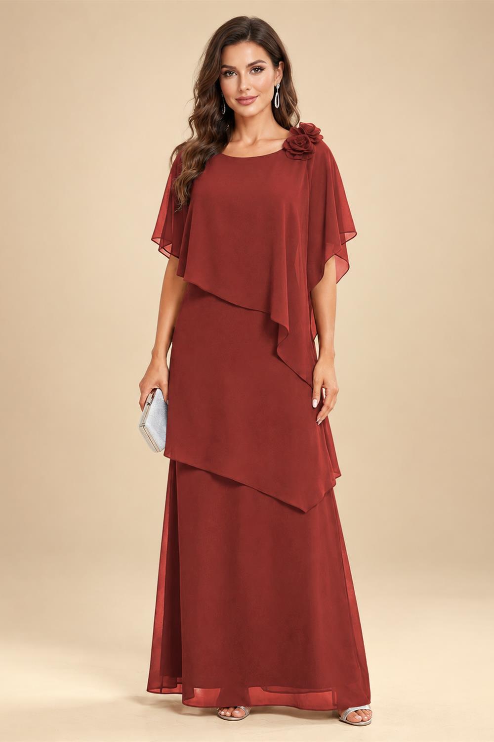 A-Line Floor-Length Chiffon Cape Sleeves Mother of the Bride & Groom Dresses with Tiered Ruffles (SHI22500723)