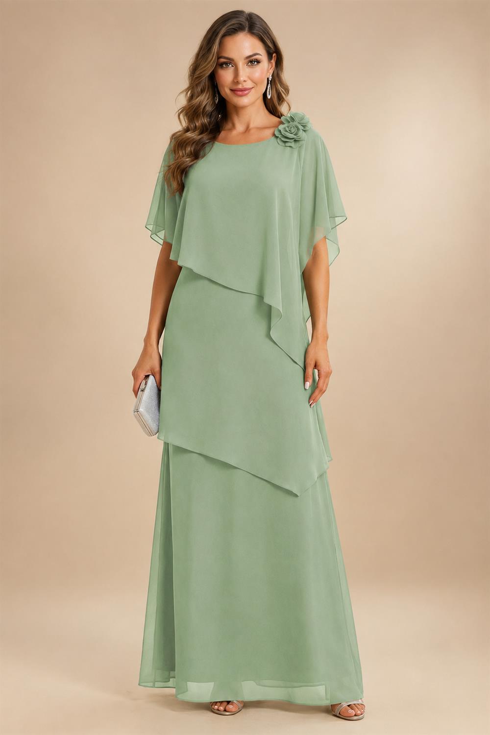 A-Line Floor-Length Chiffon Cape Sleeves Mother of the Bride & Groom Dresses with Tiered Ruffles (SHI22500723)