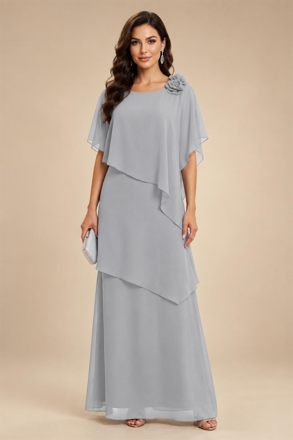 A-Line Floor-Length Chiffon Cape Sleeves Mother of the Bride & Groom Dresses with Tiered Ruffles (SHI22500723)