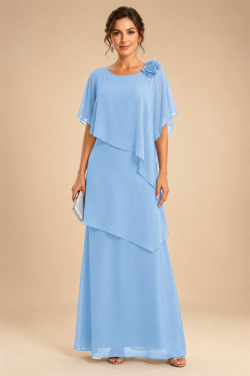 A-Line Floor-Length Chiffon Cape Sleeves Mother of the Bride & Groom Dresses with Tiered Ruffles (SHI22500723)