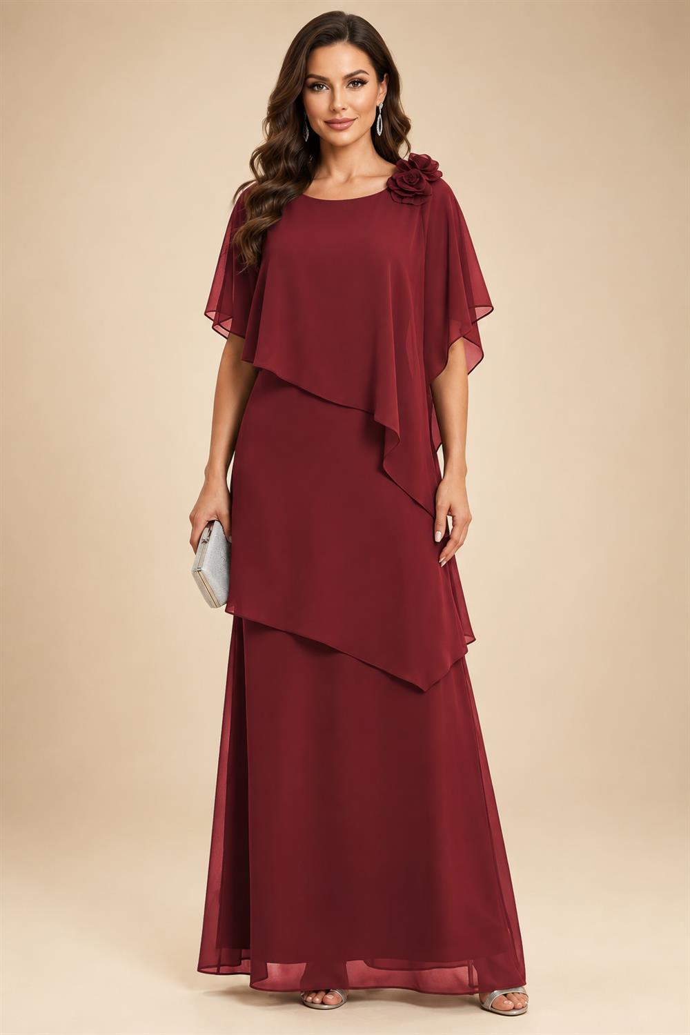 A-Line Floor-Length Chiffon Cape Sleeves Mother of the Bride & Groom Dresses with Tiered Ruffles (SHI22500723)