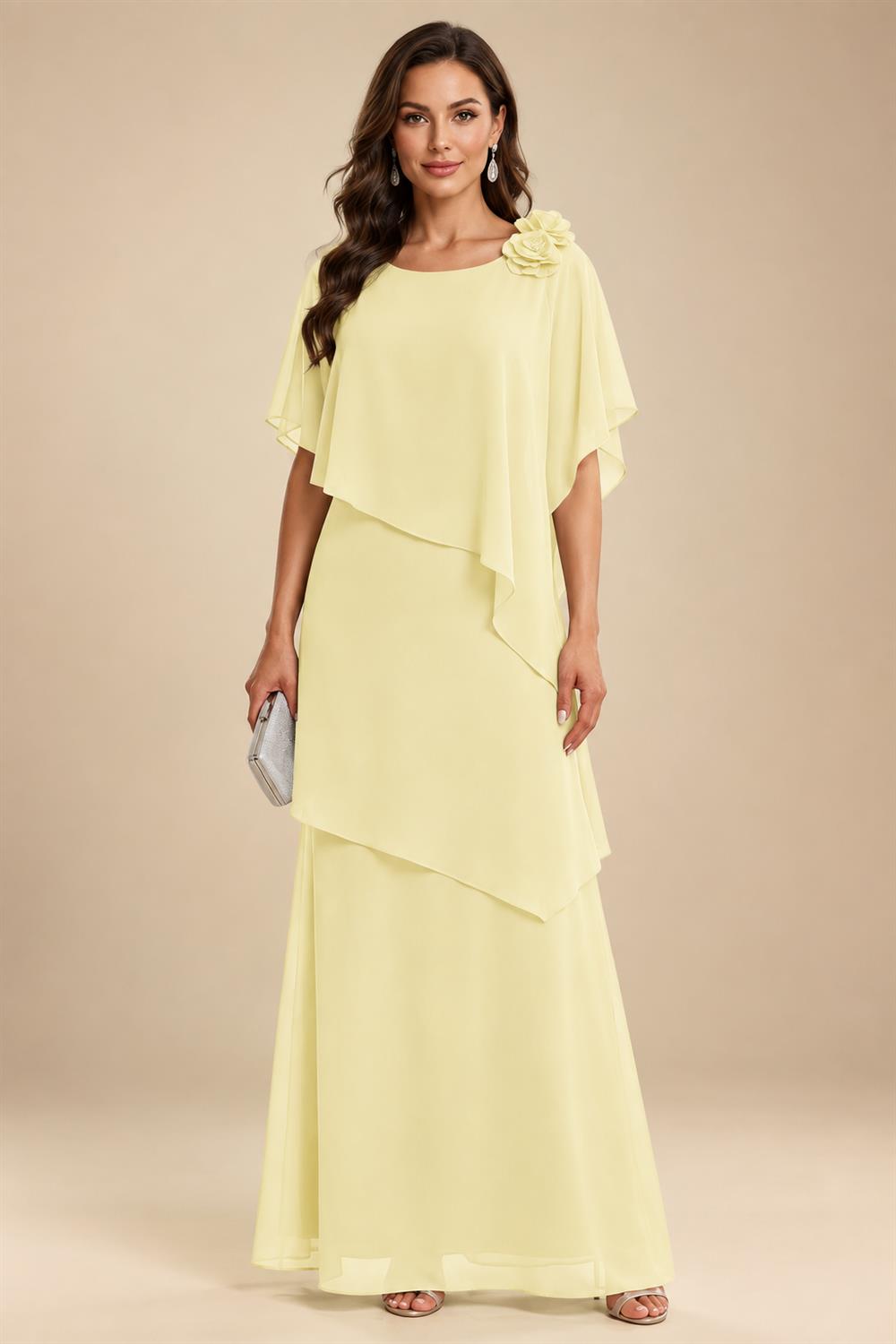 A-Line Floor-Length Chiffon Cape Sleeves Mother of the Bride & Groom Dresses with Tiered Ruffles (SHI22500723)