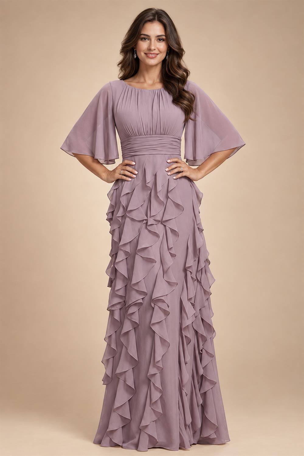 A-Line Chiffon Tiered Ruffles Mother of the Bride & Groom Dresses with Ruched Waist (SHI22500724)
