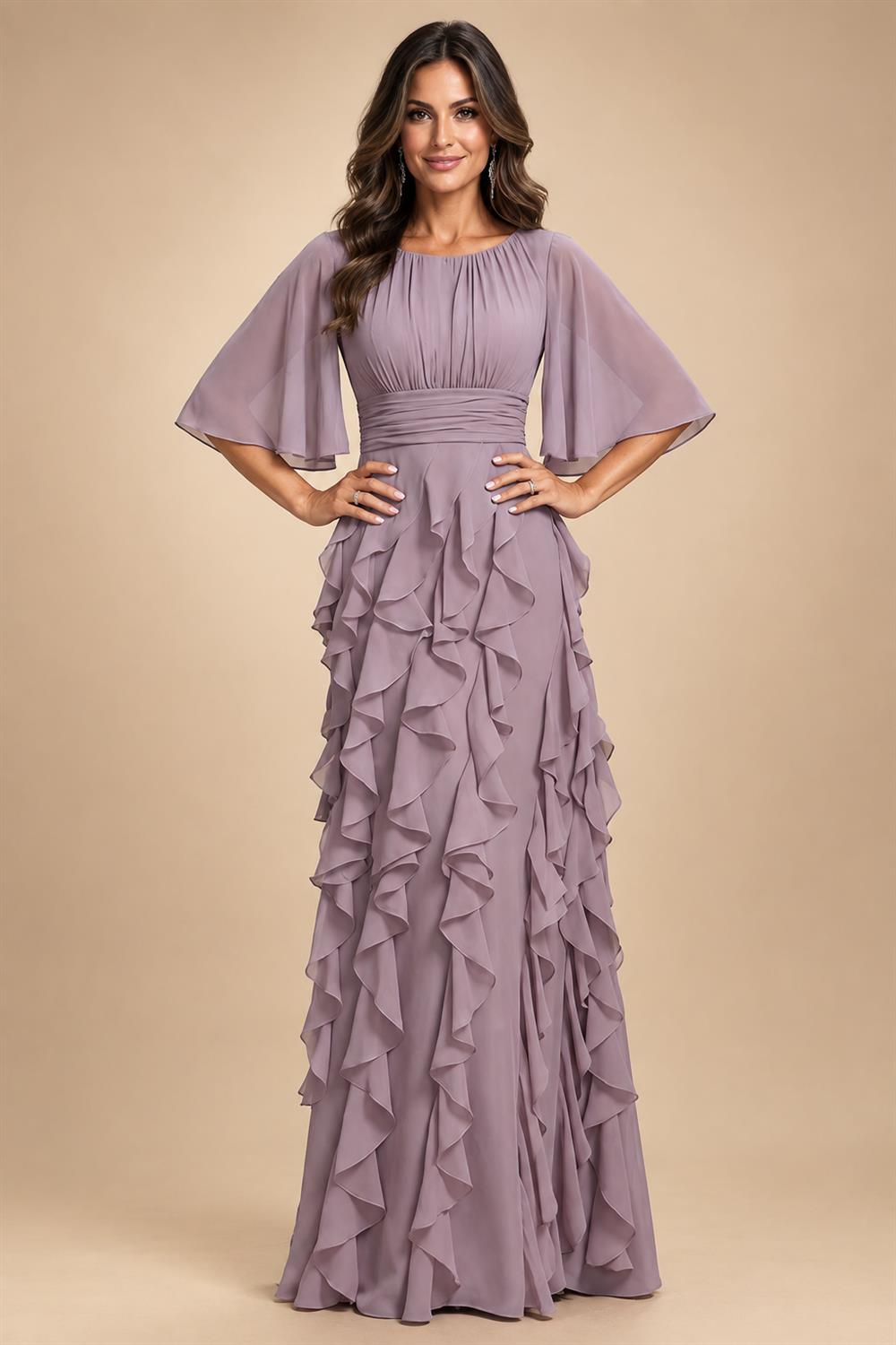 A-Line/Princess Scoop Neck Chiffon Maxi Mother of the Bride & Groom Dresses with Lace Appliques, Sweep Train & Pleats (SHI22501636)