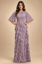 A-Line/Princess Scoop Neck Chiffon Maxi Mother of the Bride & Groom Dresses with Lace Appliques, Sweep Train & Pleats (SHI22501636)