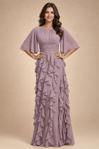 A-Line Chiffon Tiered Ruffles Mother of the Bride & Groom Dresses with Ruched Waist (SHI22500724)