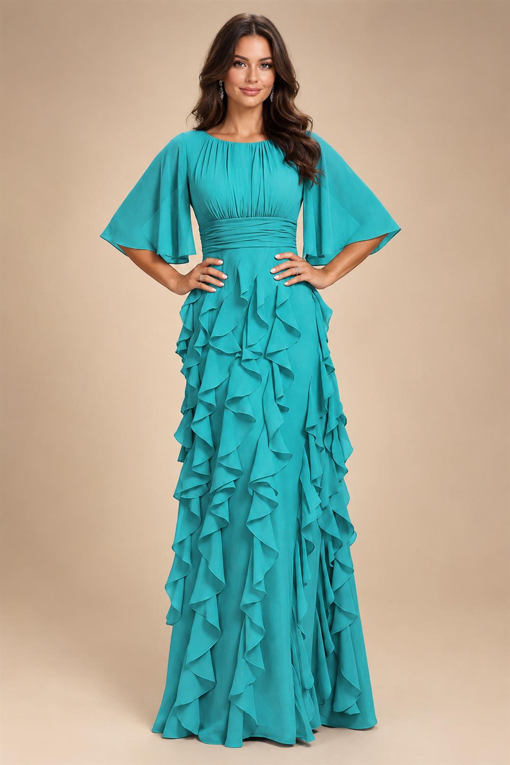 A-Line Chiffon Tiered Ruffles Mother of the Bride & Groom Dresses with Ruched Waist (SHI22500724)