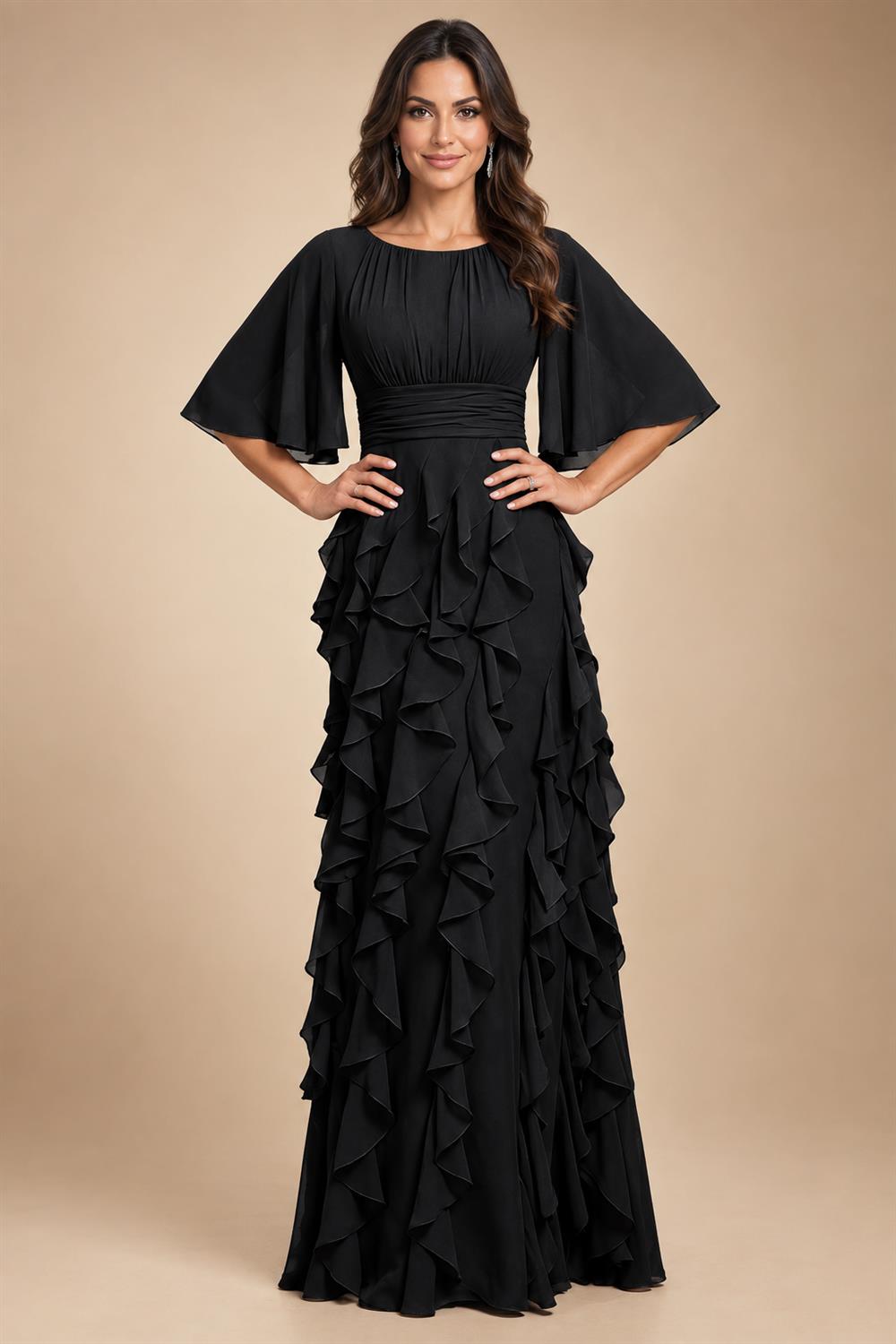 A-Line Chiffon Tiered Ruffles Mother of the Bride & Groom Dresses with Ruched Waist (SHI22500724)
