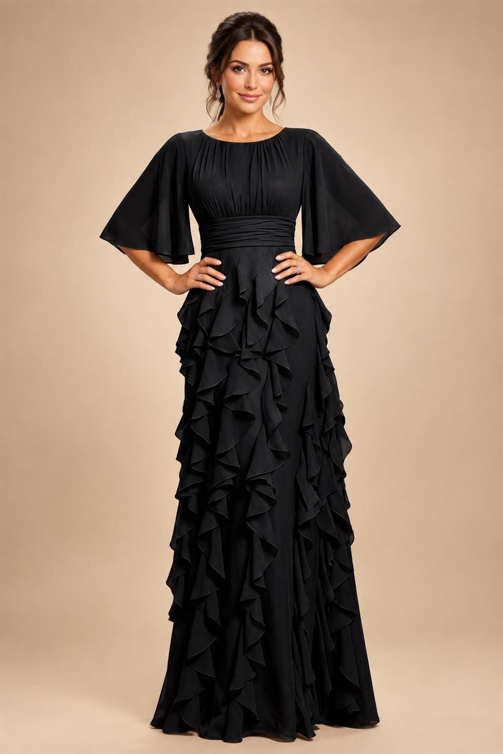 A-Line Chiffon Tiered Ruffles Mother of the Bride & Groom Dresses with Ruched Waist (SHI22500724)