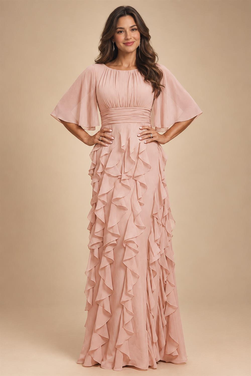 A-Line Chiffon Tiered Ruffles Mother of the Bride & Groom Dresses with Ruched Waist (SHI22500724)