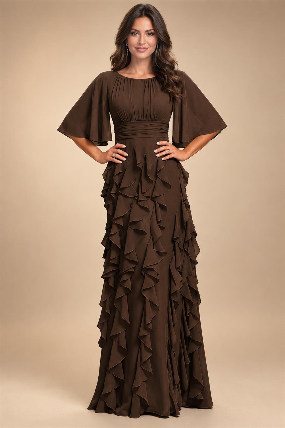 A-Line Chiffon Tiered Ruffles Mother of the Bride & Groom Dresses with Ruched Waist (SHI22500724)