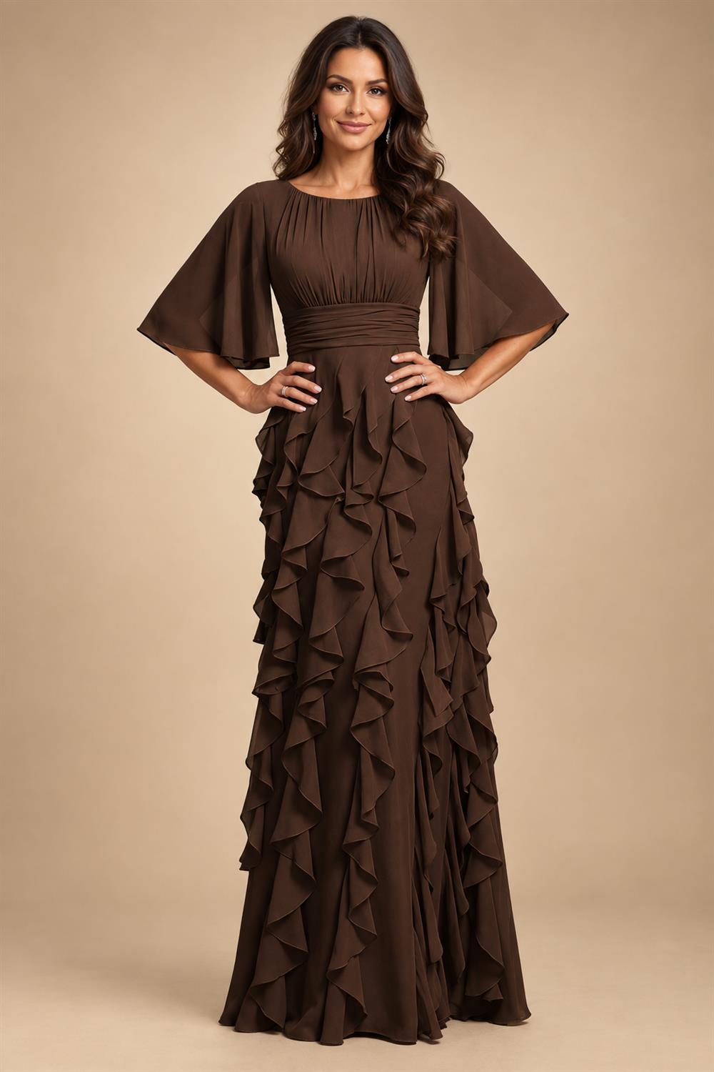 A-Line Chiffon Tiered Ruffles Mother of the Bride & Groom Dresses with Ruched Waist (SHI22500724)