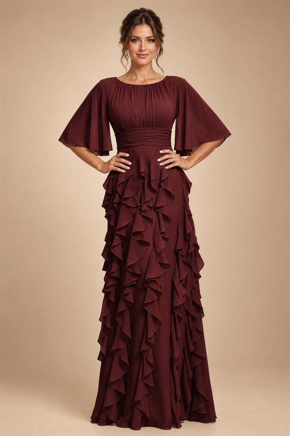 A-Line Chiffon Tiered Ruffles Mother of the Bride & Groom Dresses with Ruched Waist (SHI22500724)
