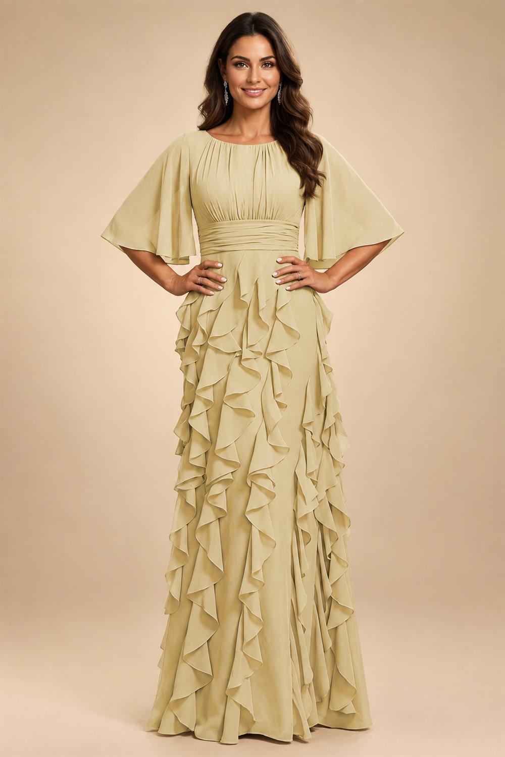 A-Line Chiffon Tiered Ruffles Mother of the Bride & Groom Dresses with Ruched Waist (SHI22500724)