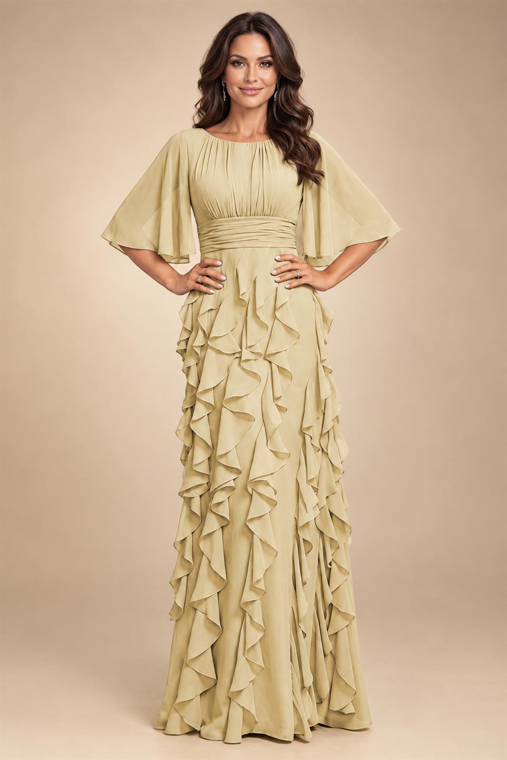 A-Line Chiffon Tiered Ruffles Mother of the Bride & Groom Dresses with Ruched Waist (SHI22500724)