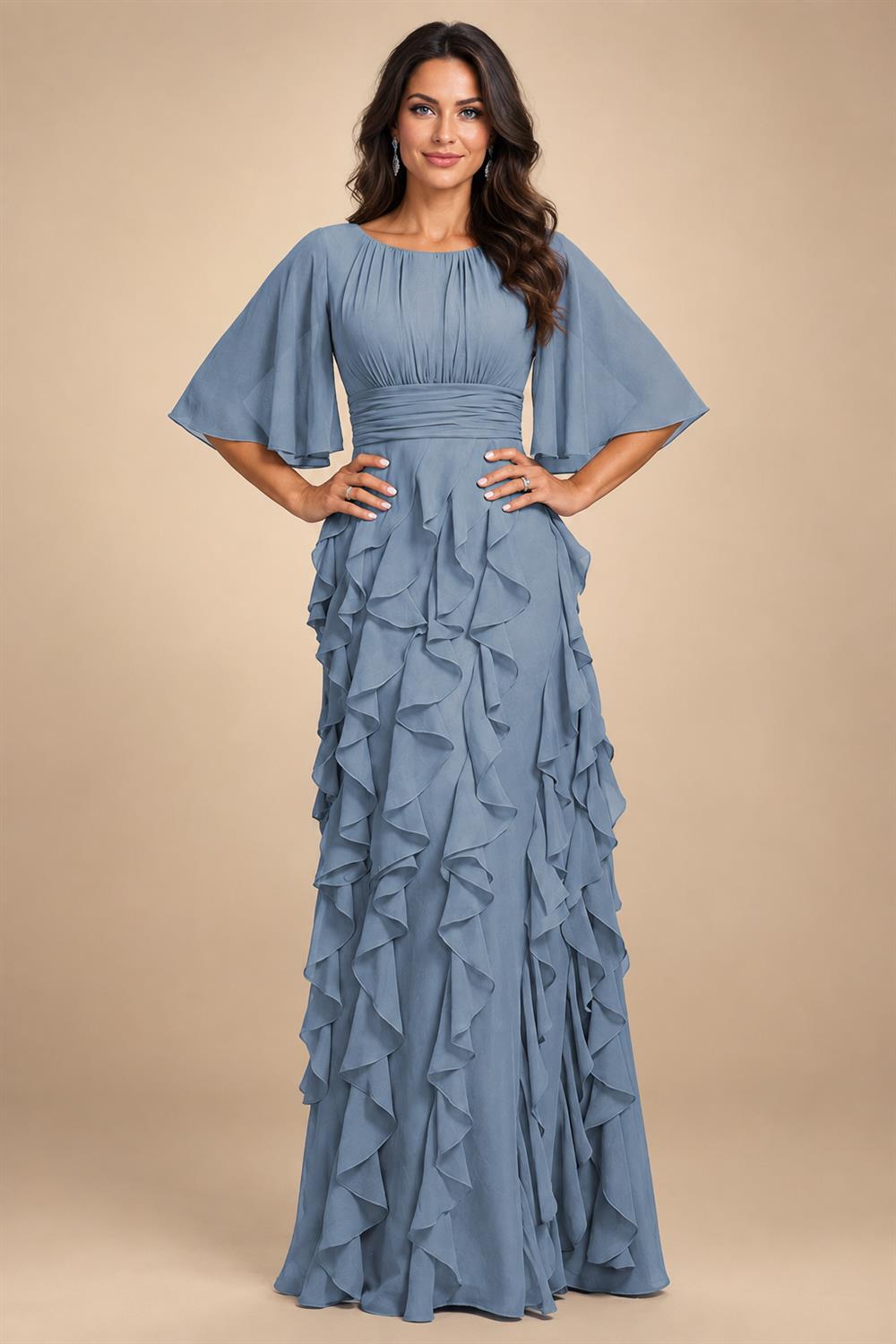A-Line Chiffon Tiered Ruffles Mother of the Bride & Groom Dresses with Ruched Waist (SHI22500724)