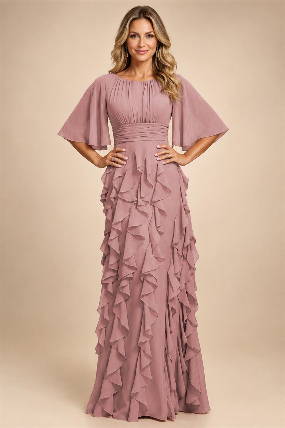 A-Line Chiffon Tiered Ruffles Mother of the Bride & Groom Dresses with Ruched Waist (SHI22500724)