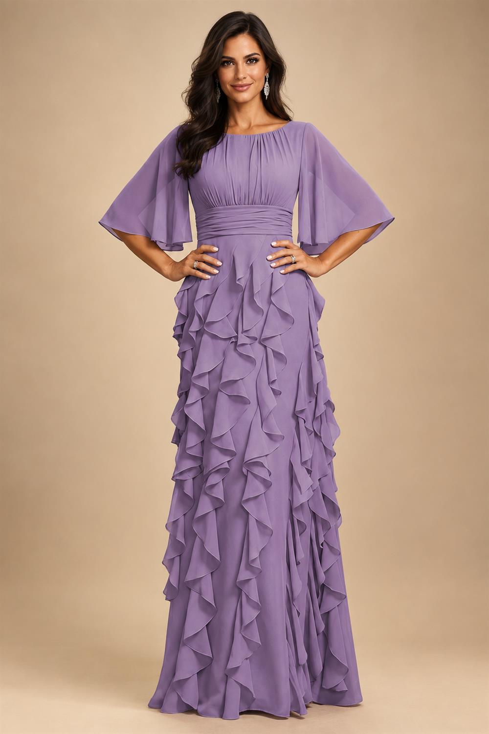 A-Line Chiffon Tiered Ruffles Mother of the Bride & Groom Dresses with Ruched Waist (SHI22500724)