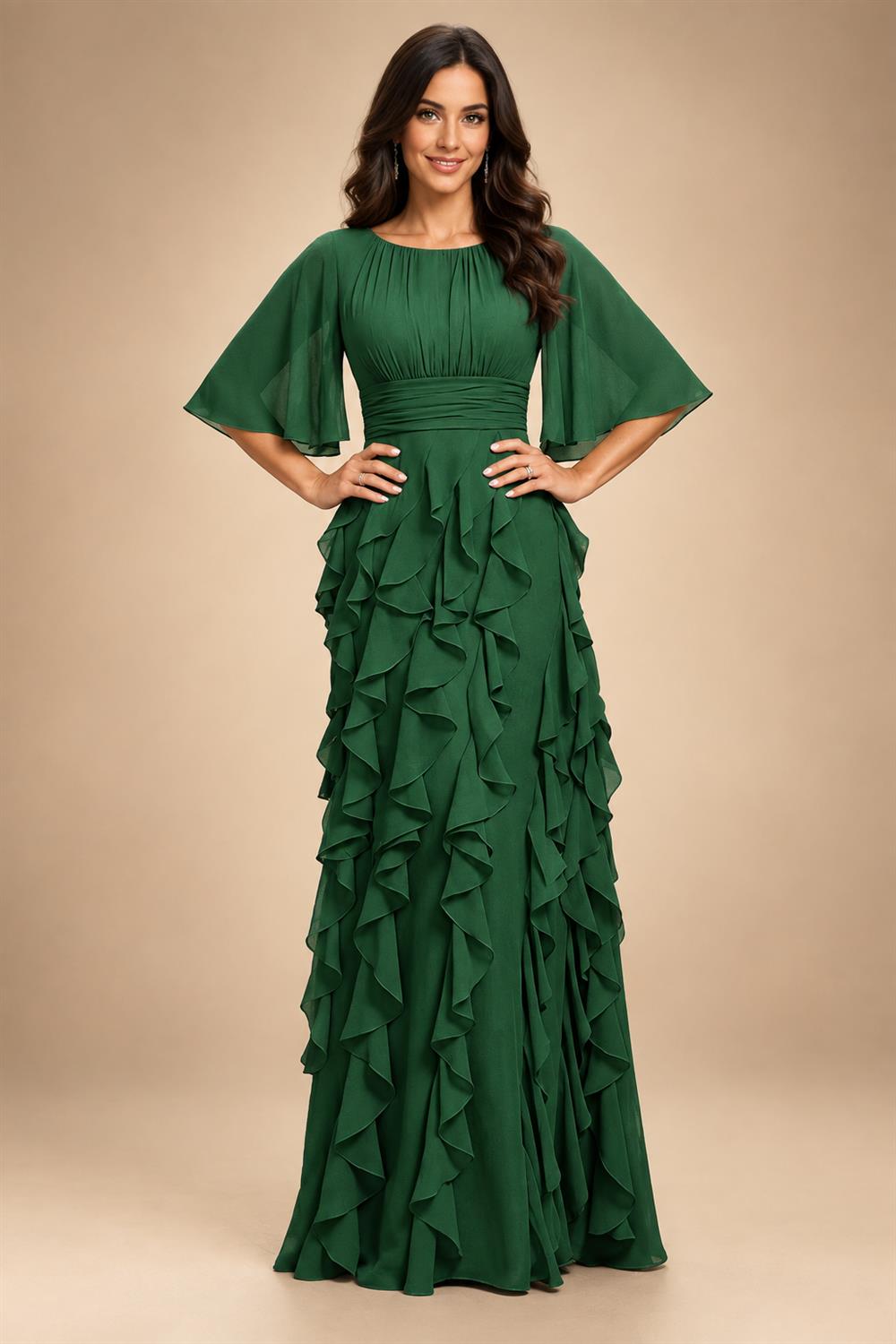 A-Line Chiffon Tiered Ruffles Mother of the Bride & Groom Dresses with Ruched Waist (SHI22500724)