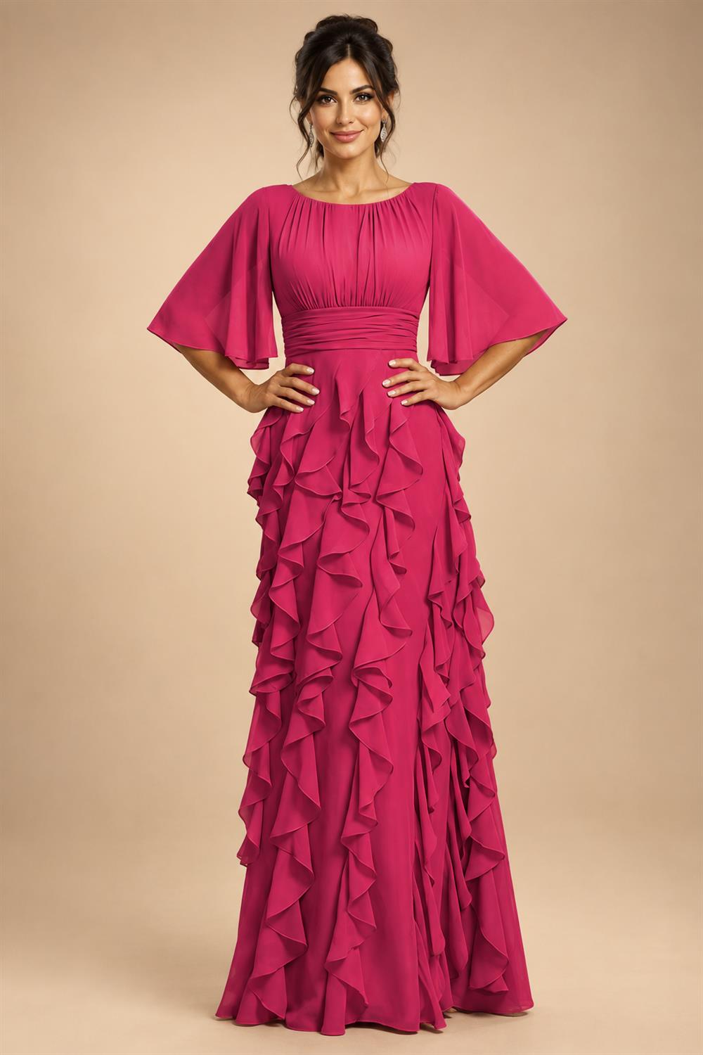 A-Line Chiffon Tiered Ruffles Mother of the Bride & Groom Dresses with Ruched Waist (SHI22500724)