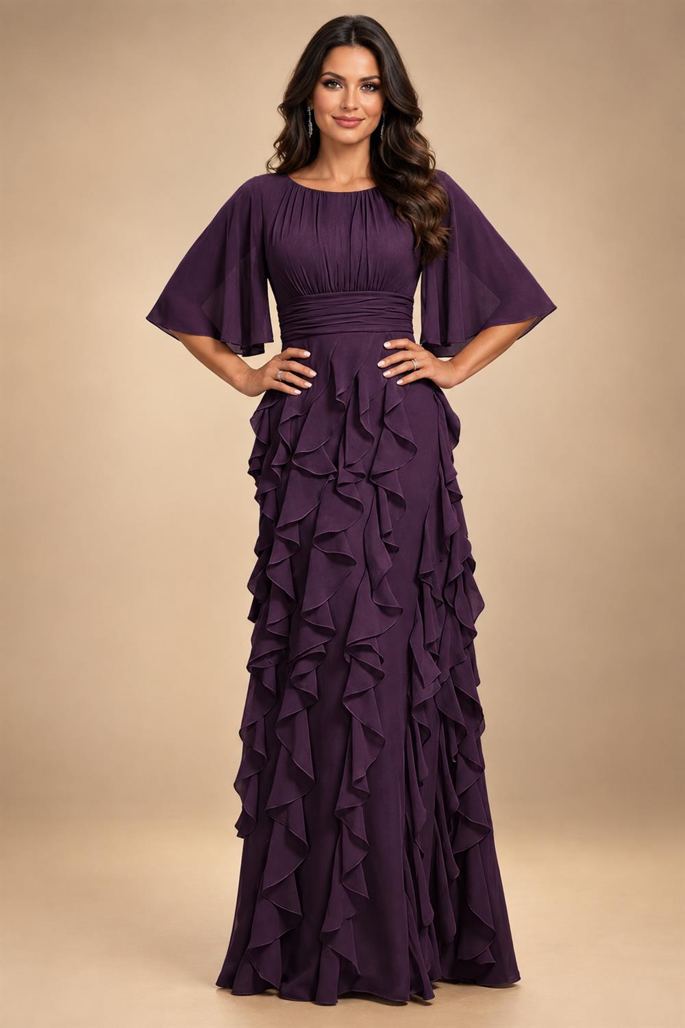 A-Line Chiffon Tiered Ruffles Mother of the Bride & Groom Dresses with Ruched Waist (SHI22500724)