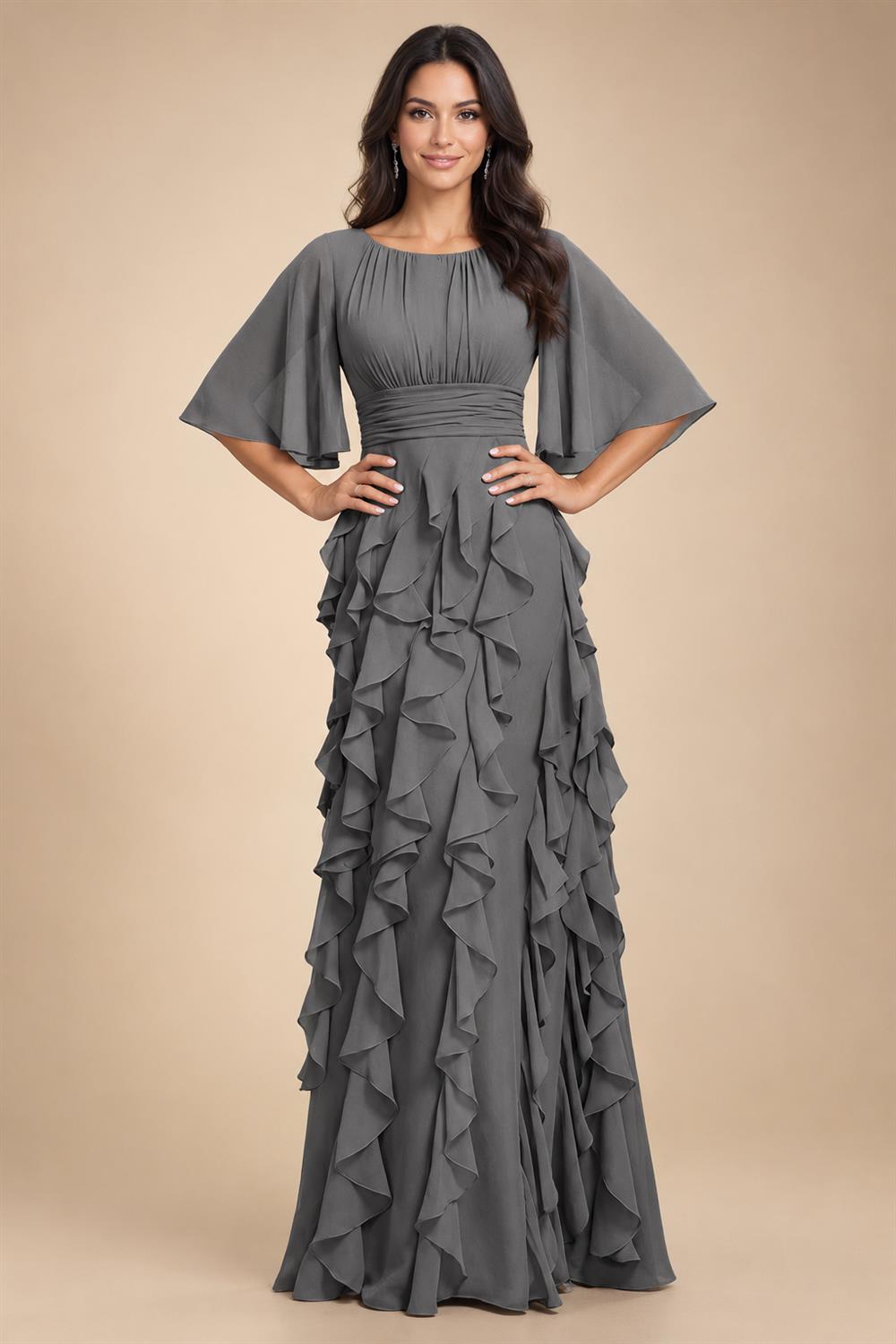 A-Line Chiffon Tiered Ruffles Mother of the Bride & Groom Dresses with Ruched Waist (SHI22500724)