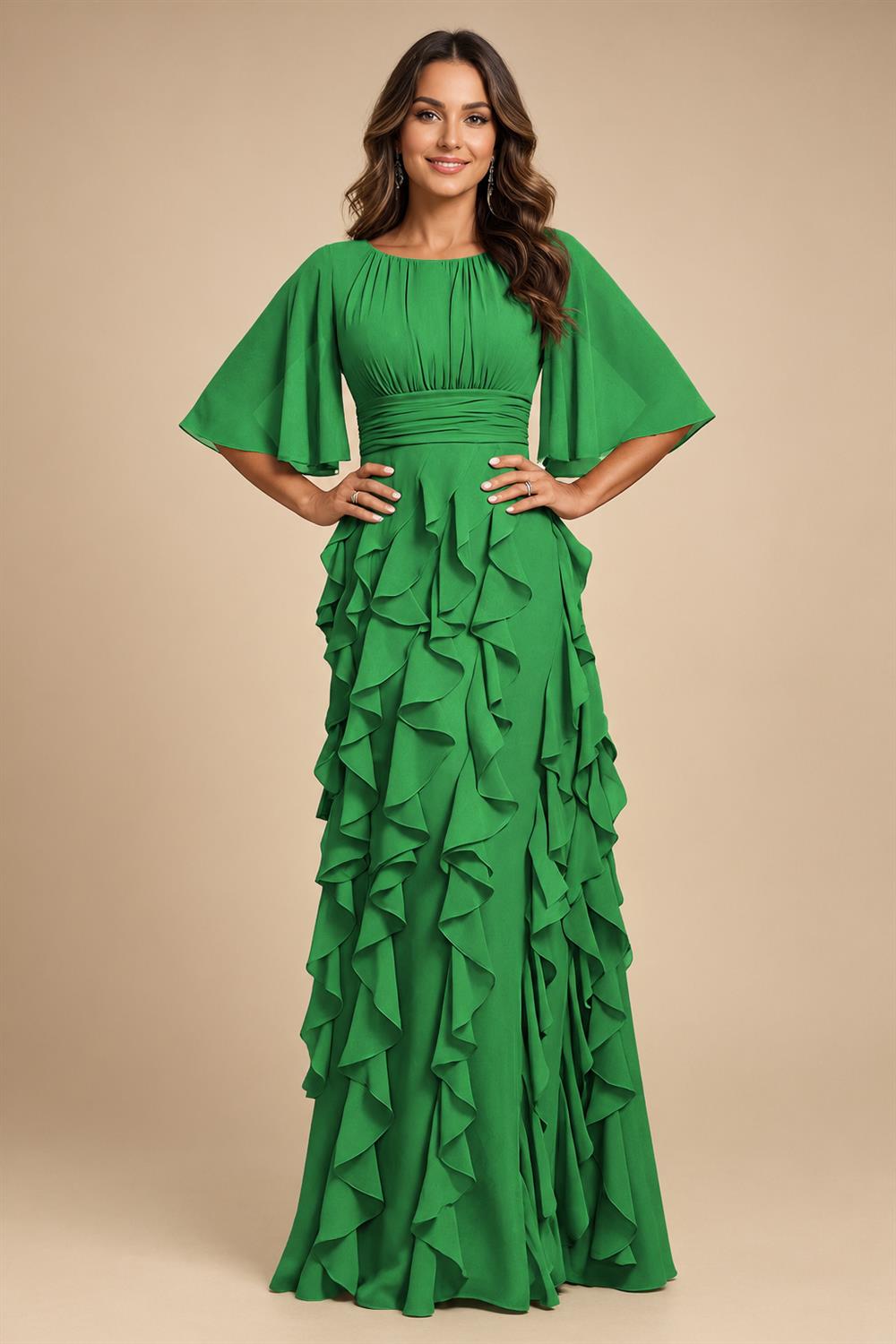 A-Line Chiffon Tiered Ruffles Mother of the Bride & Groom Dresses with Ruched Waist (SHI22500724)