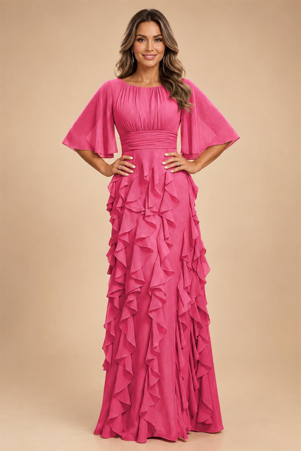 A-Line Chiffon Tiered Ruffles Mother of the Bride & Groom Dresses with Ruched Waist (SHI22500724)