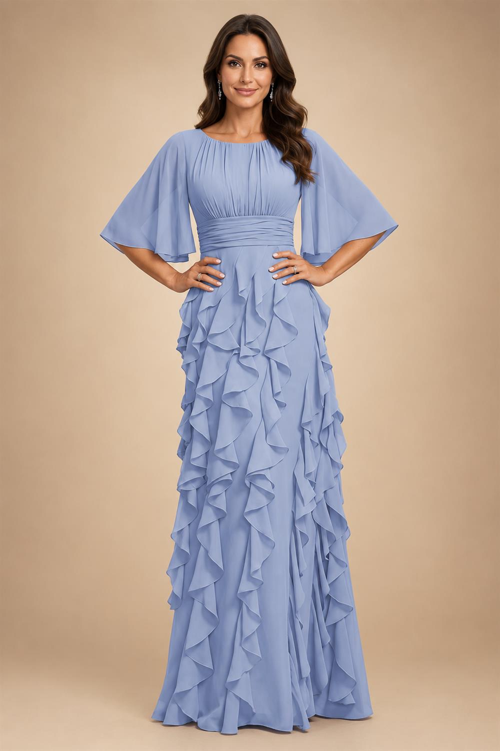 A-Line Chiffon Tiered Ruffles Mother of the Bride & Groom Dresses with Ruched Waist (SHI22500724)