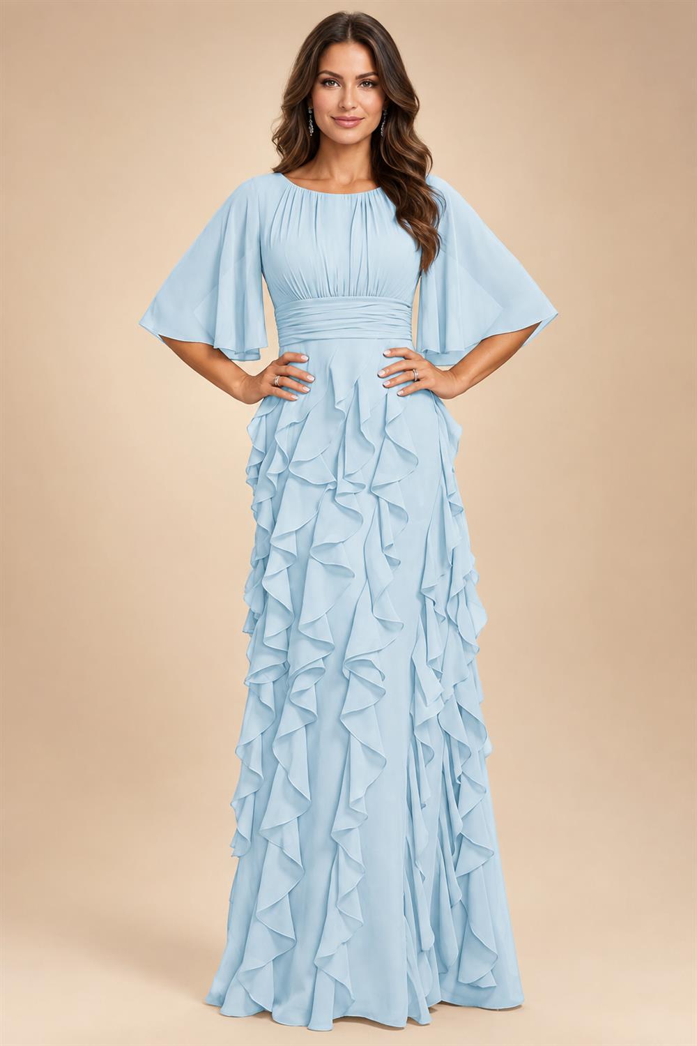 A-Line Chiffon Tiered Ruffles Mother of the Bride & Groom Dresses with Ruched Waist (SHI22500724)