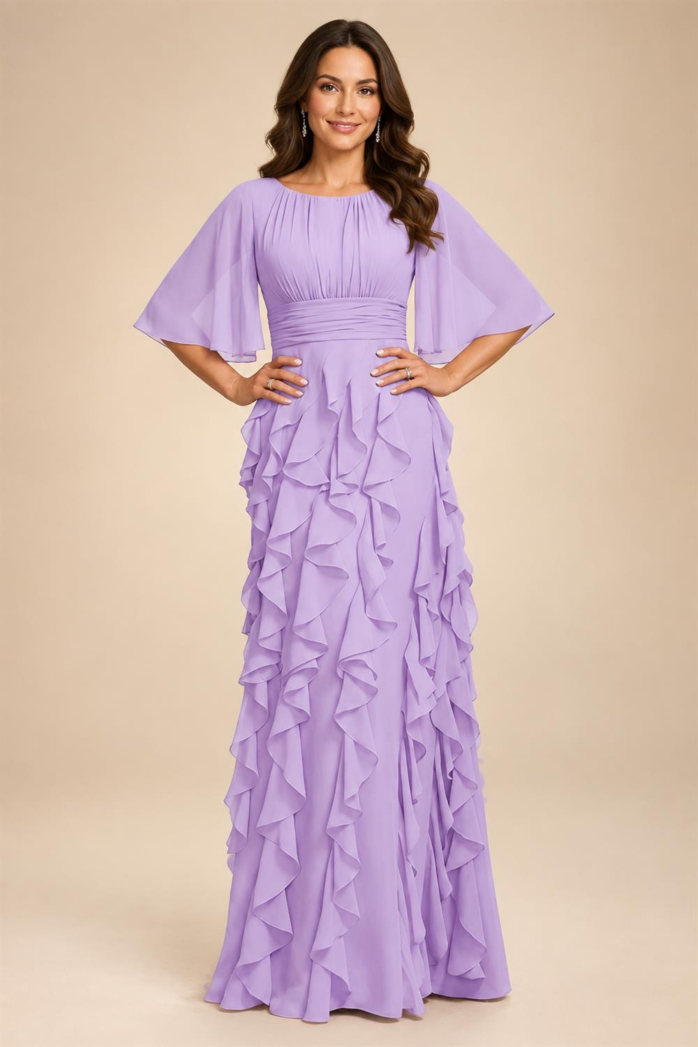 A-Line Chiffon Tiered Ruffles Mother of the Bride & Groom Dresses with Ruched Waist (SHI22500724)