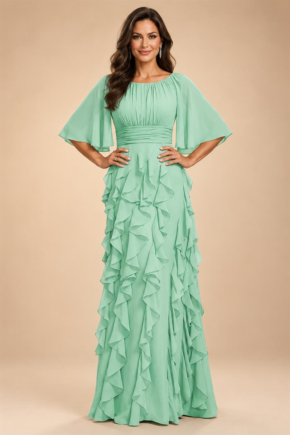 A-Line Chiffon Tiered Ruffles Mother of the Bride & Groom Dresses with Ruched Waist (SHI22500724)