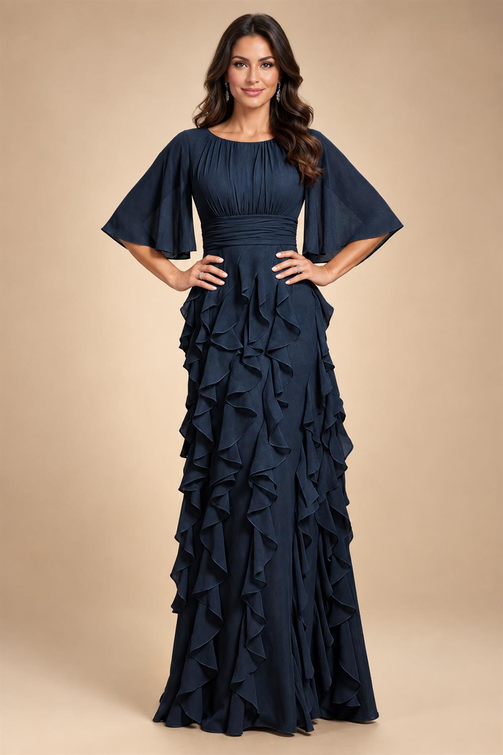 A-Line Chiffon Tiered Ruffles Mother of the Bride & Groom Dresses with Ruched Waist (SHI22500724)