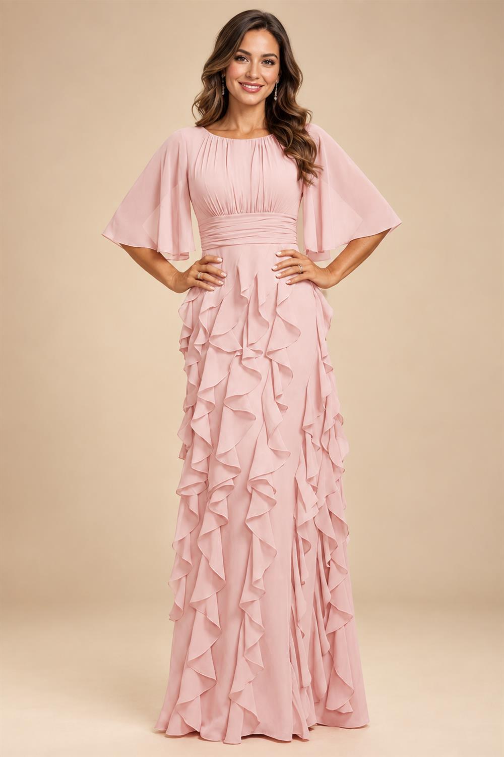 A-Line Chiffon Tiered Ruffles Mother of the Bride & Groom Dresses with Ruched Waist (SHI22500724)