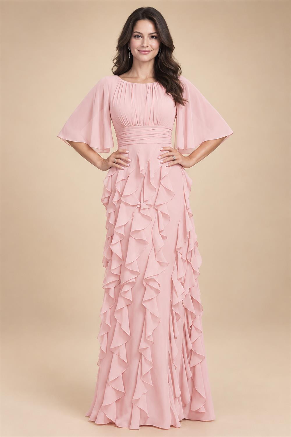 A-Line Chiffon Tiered Ruffles Mother of the Bride & Groom Dresses with Ruched Waist (SHI22500724)
