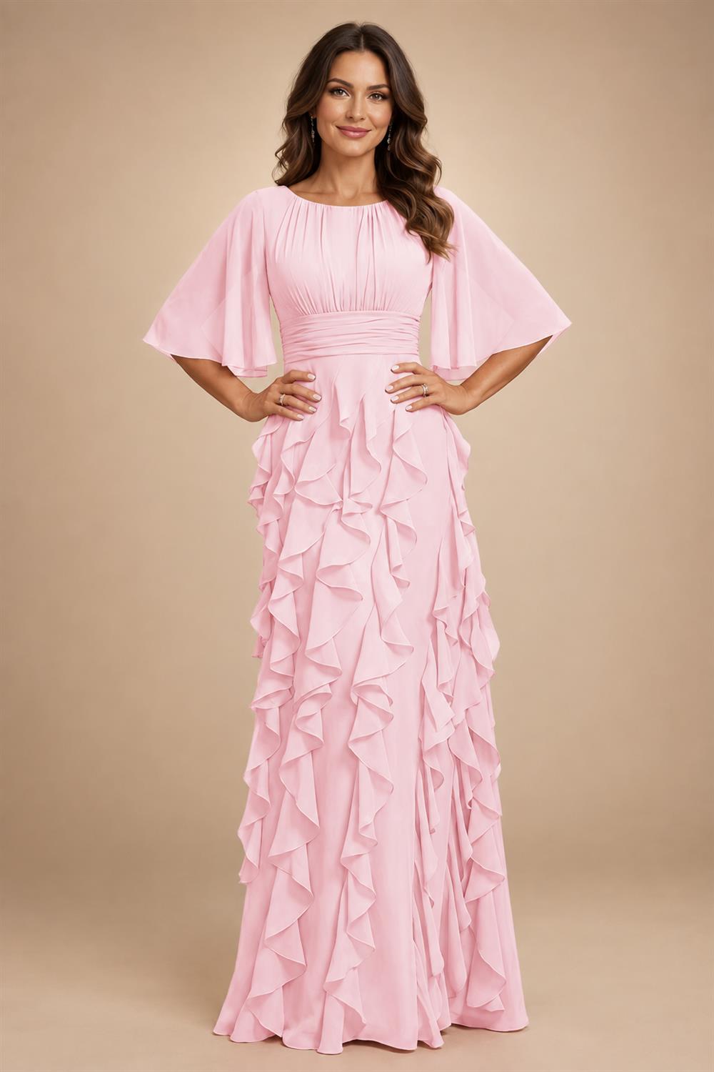 A-Line Chiffon Tiered Ruffles Mother of the Bride & Groom Dresses with Ruched Waist (SHI22500724)