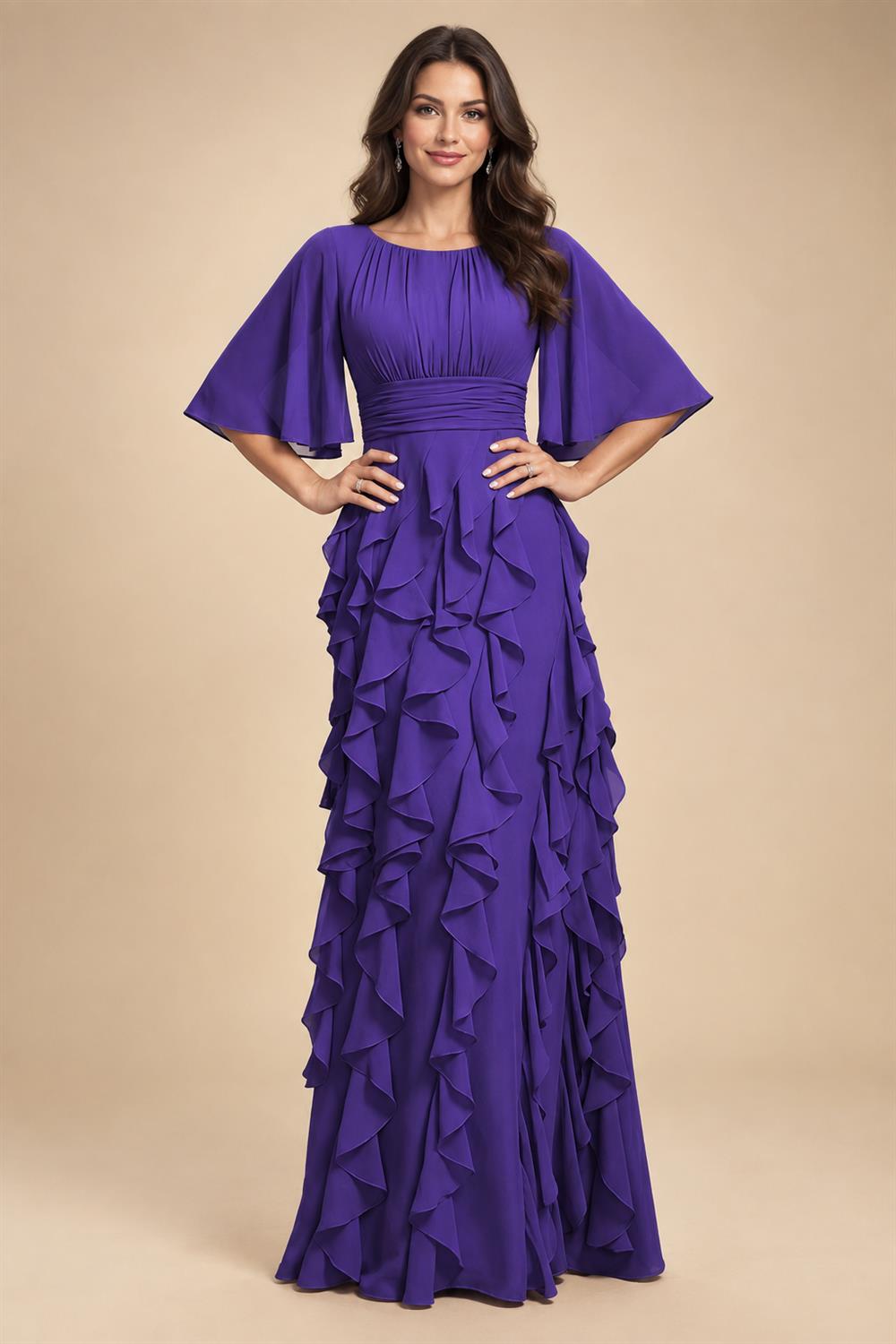 A-Line Chiffon Tiered Ruffles Mother of the Bride & Groom Dresses with Ruched Waist (SHI22500724)
