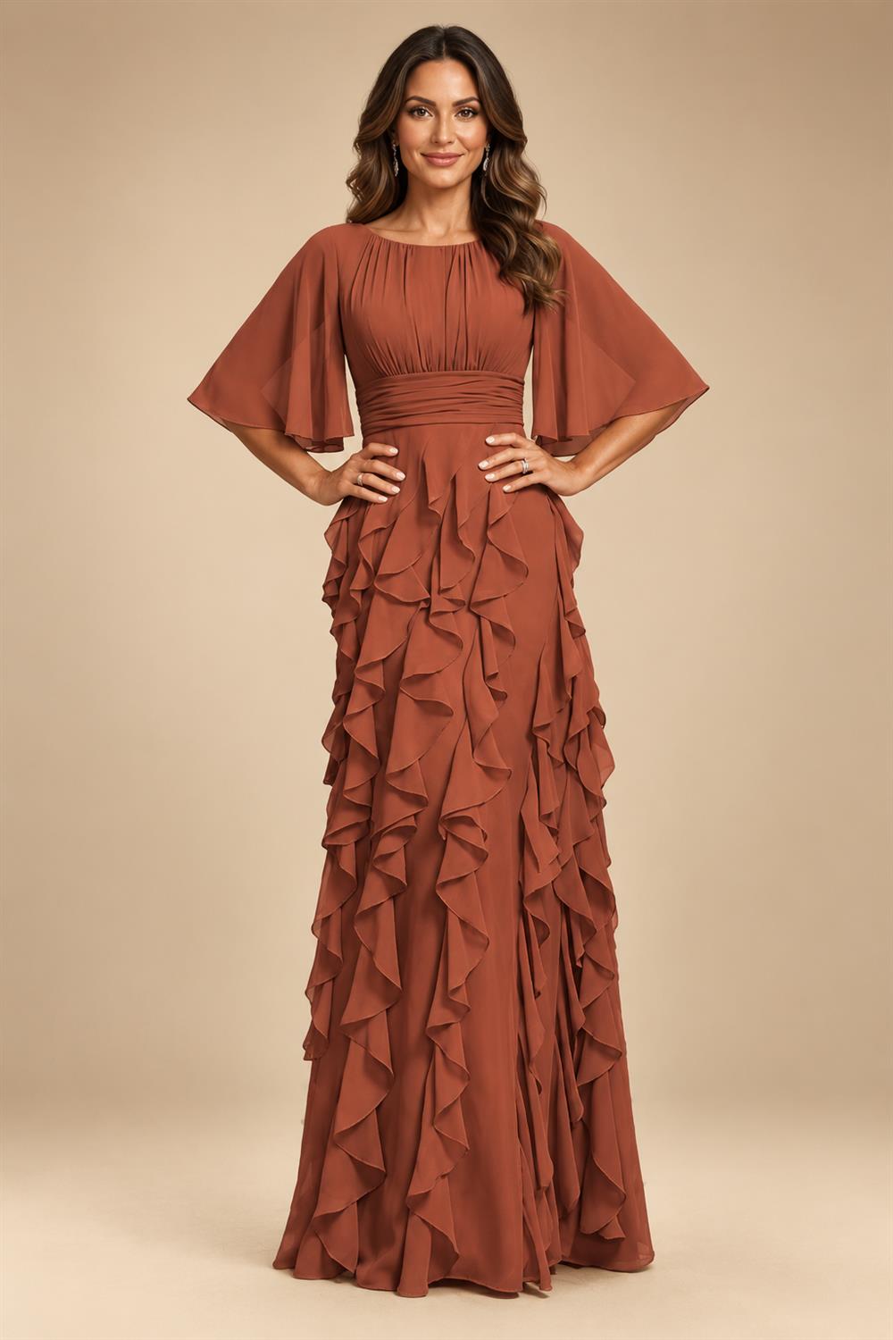 A-Line Chiffon Tiered Ruffles Mother of the Bride & Groom Dresses with Ruched Waist (SHI22500724)