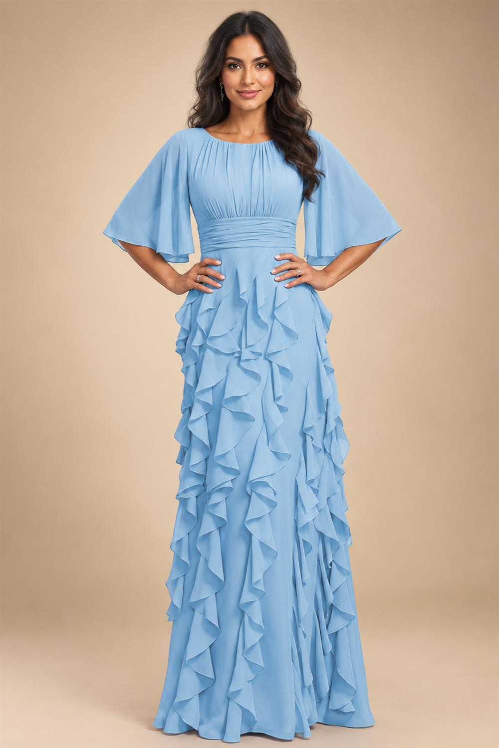 A-Line Chiffon Tiered Ruffles Mother of the Bride & Groom Dresses with Ruched Waist (SHI22500724)