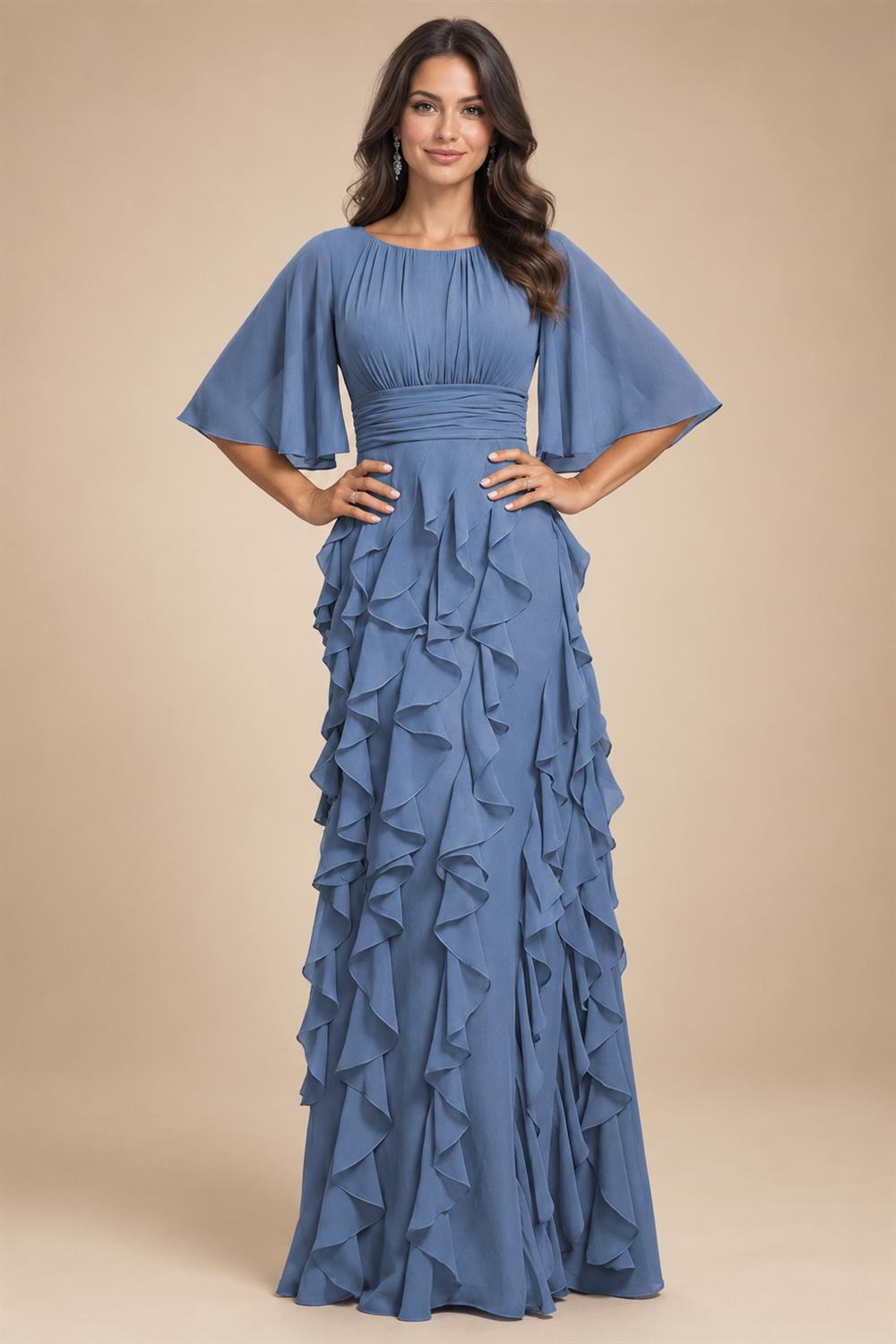 A-Line Chiffon Tiered Ruffles Mother of the Bride & Groom Dresses with Ruched Waist (SHI22500724)
