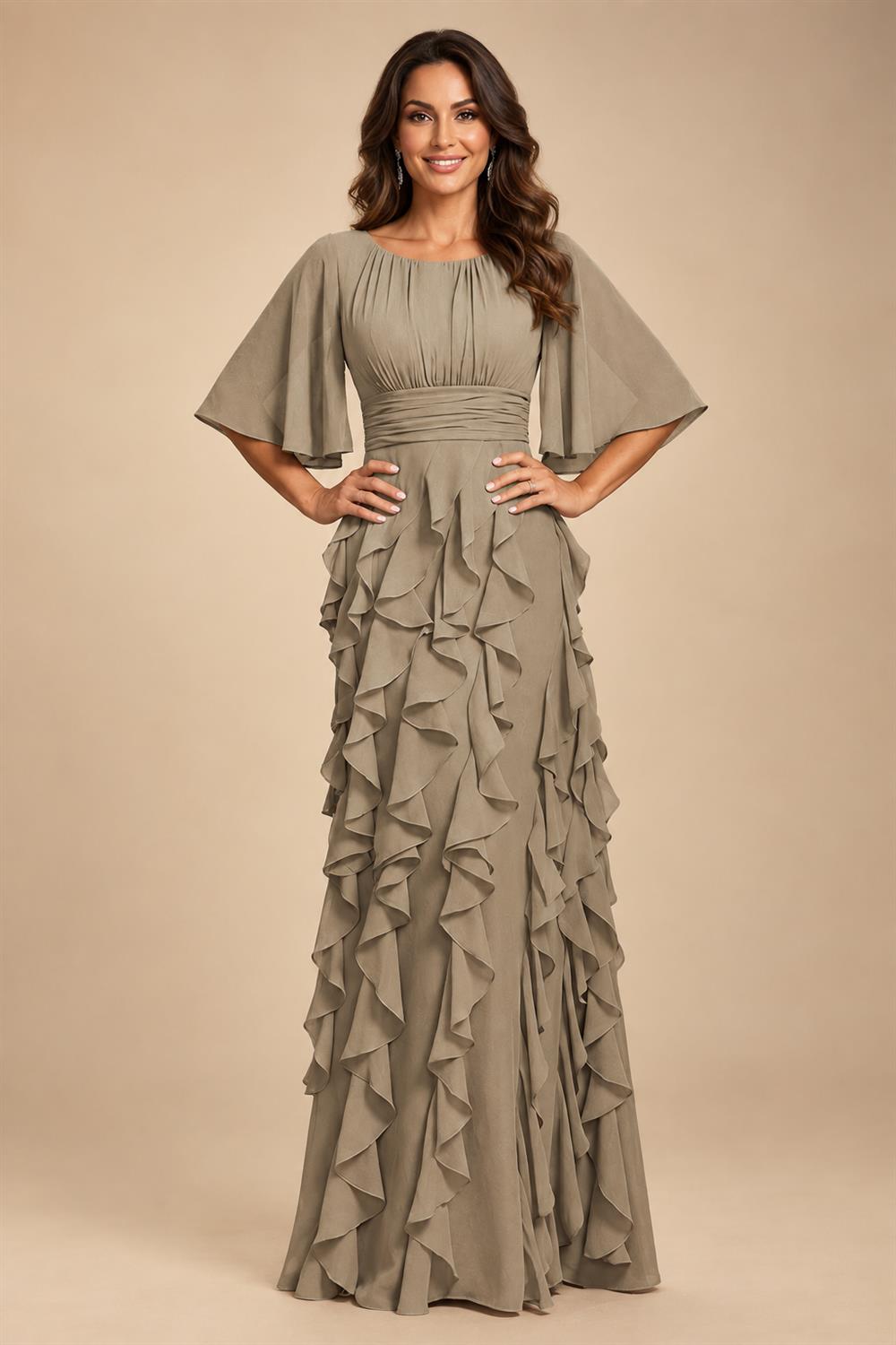 A-Line Chiffon Tiered Ruffles Mother of the Bride & Groom Dresses with Ruched Waist (SHI22500724)