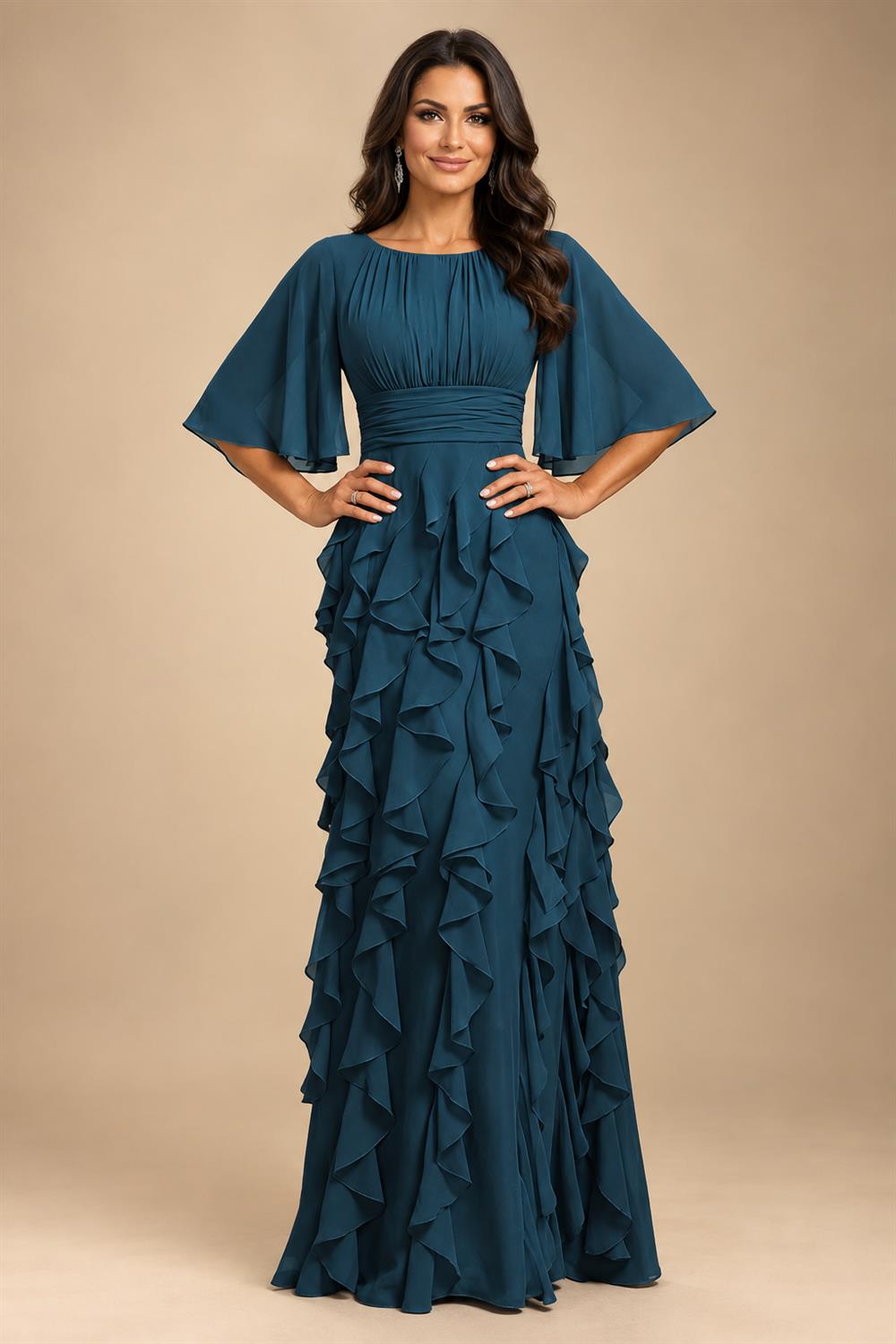 A-Line Chiffon Tiered Ruffles Mother of the Bride & Groom Dresses with Ruched Waist (SHI22500724)