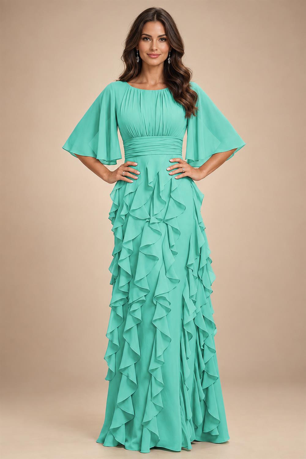 A-Line Chiffon Tiered Ruffles Mother of the Bride & Groom Dresses with Ruched Waist (SHI22500724)
