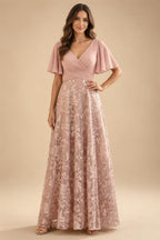 A-Line Lace Appliques Maxi Mother of the Bride & Groom Dresses with Flutter Sleeves Chiffon Bodice (SHI22500731)