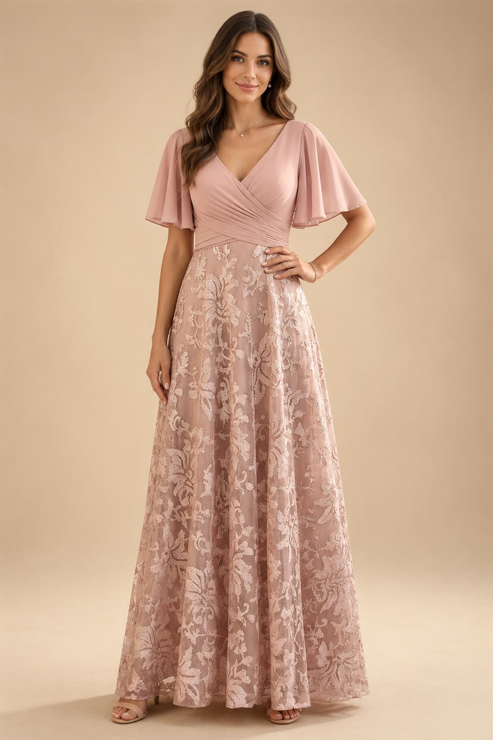 A-Line Lace Appliques Maxi Mother of the Bride & Groom Dresses with Flutter Sleeves Chiffon Bodice (SHI22500731)