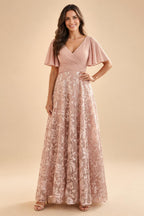 Tulle A-Line/Princess V-Neck Floor-Length Mother of the Bride & Groom Dresses with 3D Flowers (SHI22501351)